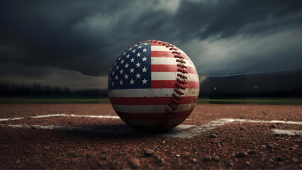 baseball with an american flag on it on a field in the stormy evening sundown, ai