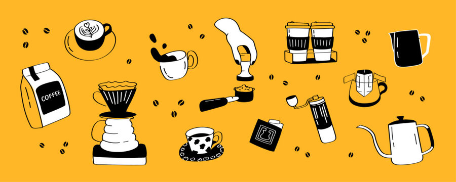 Big set offee barista tools vector pack featuring espresso cups, beans, grinders, and brewing accessories. Ideal for coffee shop banners, cafe websites, posters, menu design, and brand materials.