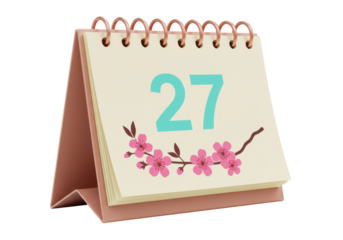 Desk calendar with number 27 and cherry blossom isolated PNG, reminder for important date or special event on transparent background