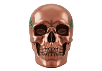 Copper skull with green stripes isolated PNG, decorative human skull with metallic finish on transparent background, Halloween