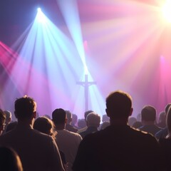 Naklejka premium People standing in front of stage lights and a cross. An ethereal spiritual vibe image with bright lens flare, light aura, and mystical.