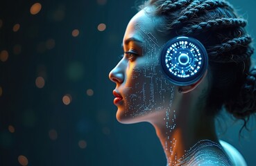 Profile view of woman with tech elements integrated. Artificial intelligence is combined with feminine form. Cyberpunk aesthetic shows a fusion of human and digital components.