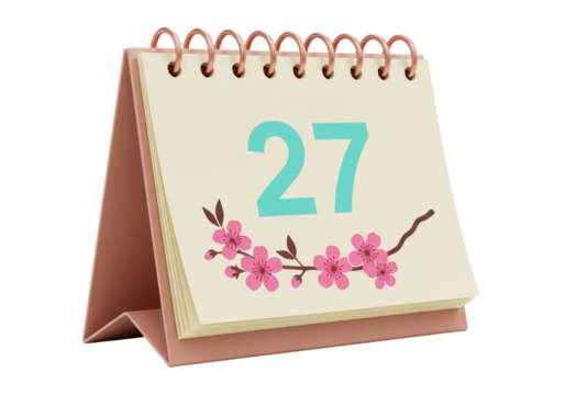 Desk calendar with number 27 and cherry blossom isolated PNG, reminder for important date or special event on transparent background