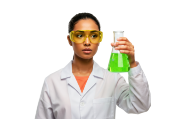 Young female scientist in lab coat holding green liquid in flask isolated PNG, science experiment and research on transparent background