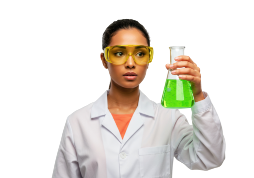 Young female scientist in lab coat holding green liquid in flask isolated PNG, science experiment and research on transparent background