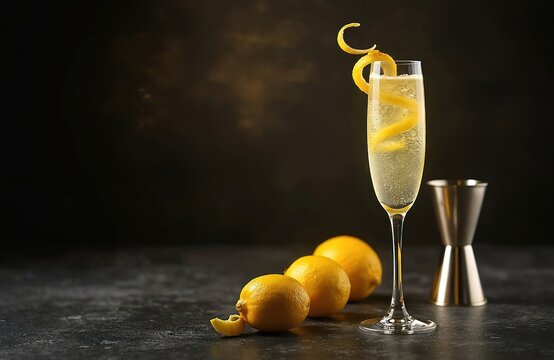 Elegant champagne flute with French 75 cocktail and lemon twist garnish on dark background. Three lemons and jigger on black surface. Sophisticated drink with citrus twist.