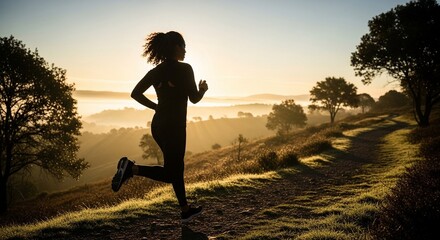 Outdoor fitness running sunrise with athletic woman training along scenic trail under golden light