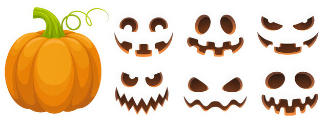 Halloween pumpkin with scary face templates vector illustration of jack-o-lantern carving ideas isolated on white background