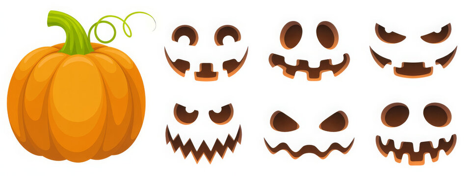 Halloween pumpkin with scary face templates vector illustration of jack-o-lantern carving ideas isolated on white background