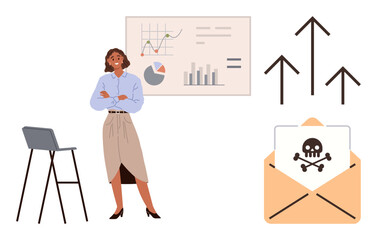 Woman standing by charts, analyzing data with malicious email and growth arrow representation. Ideal for data analytics, cybersecurity, business success, tech education, caution, risk management