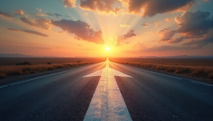 Straight asphalt road leads toward vibrant sunset horizon. Golden light radiates through clouds creating hopeful atmosphere. Represents journey progress ambition future goals. Ideal for business