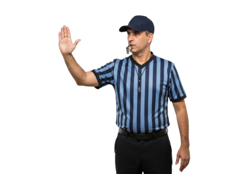 Referee in striped shirt with whistle isolated PNG, making stop gesture with hand on transparent background, sports official - Powered by Adobe