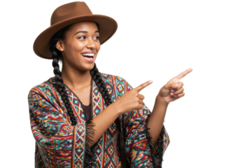 Smiling woman with hat and colorful poncho isolated on transparent PNG, pointing to the side with happy expression and braided hair