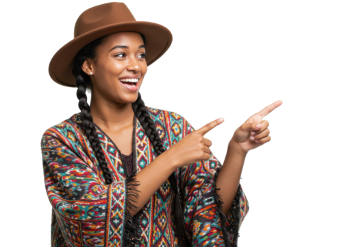 Smiling woman with hat and colorful poncho isolated on transparent PNG, pointing to the side with happy expression and braided hair