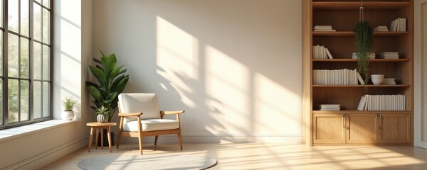 Minimalist interior with armchair side table and bookshelf near window. Empty room with chair and plants. Modern home decor, design and sunlight through large window.