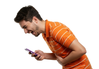 Man in orange shirt laughing while looking at phone isolated PNG, person holding smartphone with funny expression on transparent background