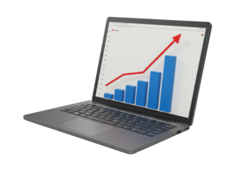 Laptop with bar graph and arrow PNG isolated on transparent background, business growth chart for finance and investment analysis