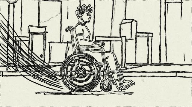 Determined Wheelchair User Speeds Forward in a Dynamic  Energetic Motion Hand Draw Animation