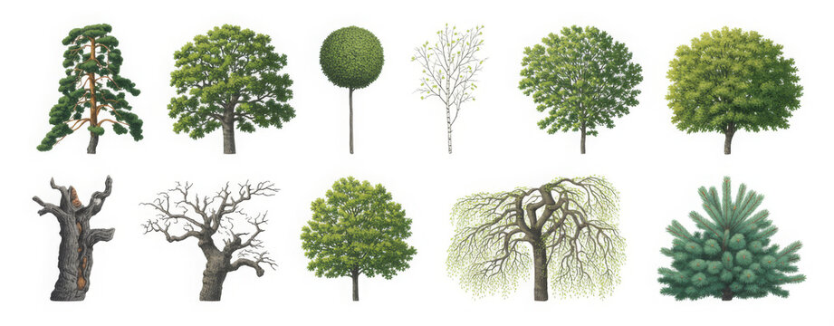 Collection of diverse tree illustrations including deciduous and coniferous varieties perfect for nature-themed designs and educational materials - Powered by Adobe