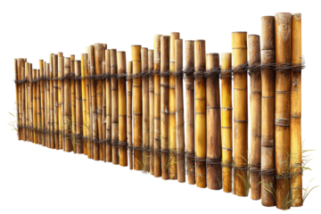 Decorative bamboo fence section with polished honey finish, visible cane joints and delicate wear marks, bound securely with dark cord, isolated on transparent background.
