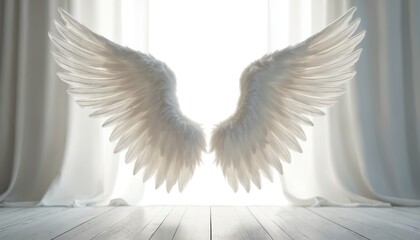 White angel wings in photography studio. Wings against bright window with white curtains. Graphic resource for photographers. Composite design element. Illustration of feathers.