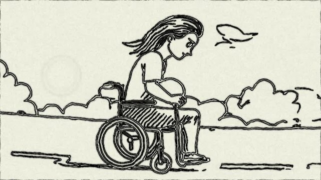 Determined Wheelchair User Speeds Forward in a Dynamic  Energetic Motion Hand Draw Animation