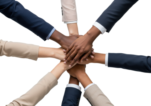 Diverse team hands together isolated PNG on transparent background, symbolizing unity, collaboration, and teamwork for business success