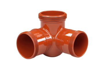 Industrial PVC pipe elbow in burnt orange with dual couplings and visible gasket ridges, smooth satin surface with slight scuff marks at edges, functional and precise, isolated on transparent backgrou