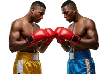 Two muscular African boxers with red gloves isolated PNG, facing off in a boxing match on transparent background, sports and fitness concept