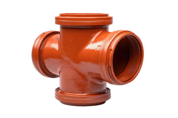 Industrial PVC pipe elbow in burnt orange with dual couplings and visible gasket ridges, smooth satin surface with slight scuff marks at edges, functional and precise, isolated on transparent backgrou
