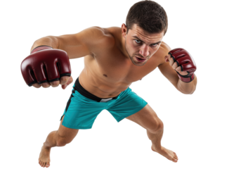 Muscular MMA fighter punching isolated PNG, shirtless man in fighting stance with gloves on transparent background