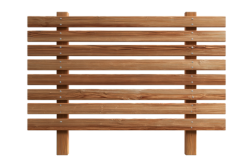 Horizontal wooden slat fence panel in warm chestnut tone with visible grain and matte lacquer, faint vertical supports and small nail heads adding realism, isolated on transparent background.
