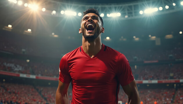 Male soccer player in red uniform yells in triumph on a brightly lit stadium field. Crowds cheer, celebrating a major win and scoring a goal. Athlete shows intense emotion after successful play.