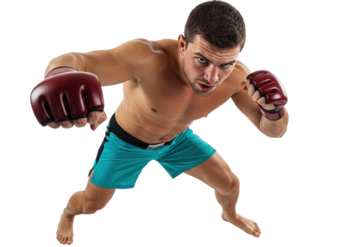 Muscular MMA fighter punching isolated PNG, shirtless man in fighting stance with gloves on transparent background - Powered by Adobe