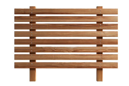 Horizontal wooden slat fence panel in warm chestnut tone with visible grain and matte lacquer, faint vertical supports and small nail heads adding realism, isolated on transparent background.
