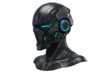 Futuristic black robot head isolated PNG, sci-fi cyborg with glowing blue lights on transparent background, artificial intelligence concept