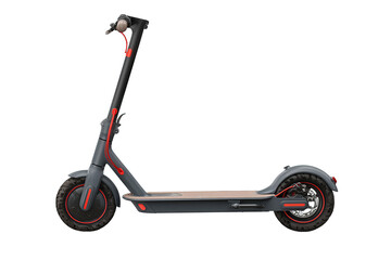 Modern graphite e-scooter with red brake cable detail, wide textured deck and 10-inch slightly dusty tires, visible folding hinge and sleek frame design, isolated on transparent background.
