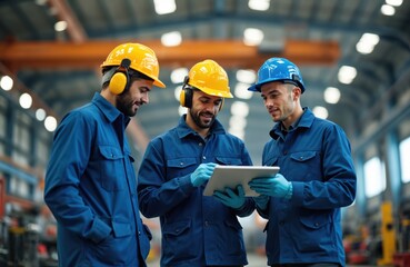 Fototapeta premium Three male workers in blue uniforms, hard hats review tablet data. Stand together in factory. One worker points to screen, discussing plan. Teamwork, communication evident. Wear gloves for safety.