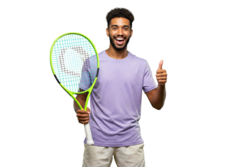 Happy young man with tennis racket isolated PNG on transparent background, cheerful sportsman giving thumbs up for sport and fitness
