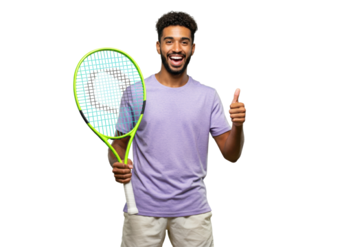 Happy young man with tennis racket isolated PNG on transparent background, cheerful sportsman giving thumbs up for sport and fitness
