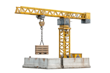 Small tower crane model in weathered yellow paint, grease-stained metal structure lifting a wooden pallet, concrete barrier element for scale, isolated on transparent background.