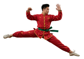 Asian man in red kung fu uniform doing split jump isolated PNG, martial arts performer on transparent background