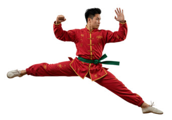 Asian man in red kung fu uniform doing split jump isolated PNG, martial arts performer on transparent background