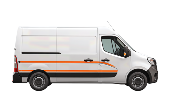 Modern courier van with clean white body and orange accent lines, professional light delivery vehicle, isolated on transparent background
