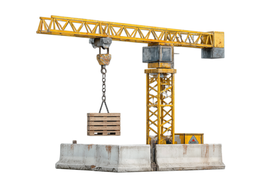 Small tower crane model in weathered yellow paint, grease-stained metal structure lifting a wooden pallet, concrete barrier element for scale, isolated on transparent background.
