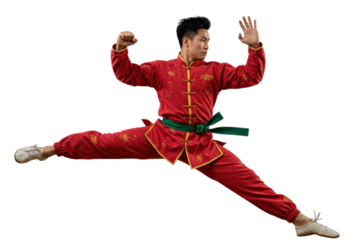 Asian man in red kung fu uniform doing split jump isolated PNG, martial arts performer on transparent background