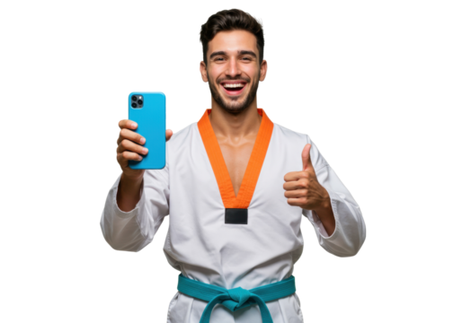 Smiling man in karate gi holding a phone isolated PNG, martial arts athlete giving thumbs up on transparent background