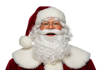 Smiling Santa Claus PNG isolated on transparent background, cheerful Father Christmas with glasses and white beard for holiday designs