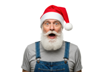 Surprised Santa Claus with beard and overalls isolated PNG, festive holiday character for Christmas designs and seasonal promotions