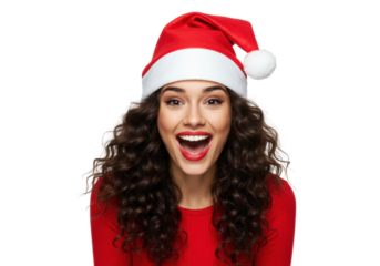 Excited woman in Santa hat isolated on transparent PNG, festive holiday cheer and Christmas celebration concept